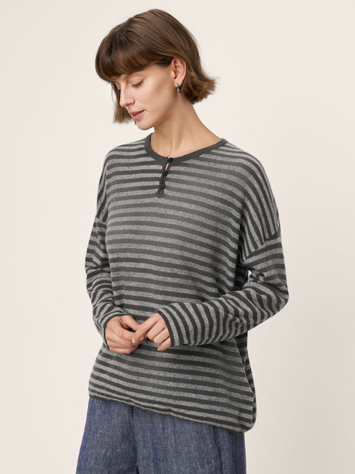 100% Mongolian Cashmere Drop Shoulder Stripe Knit Top RAINA