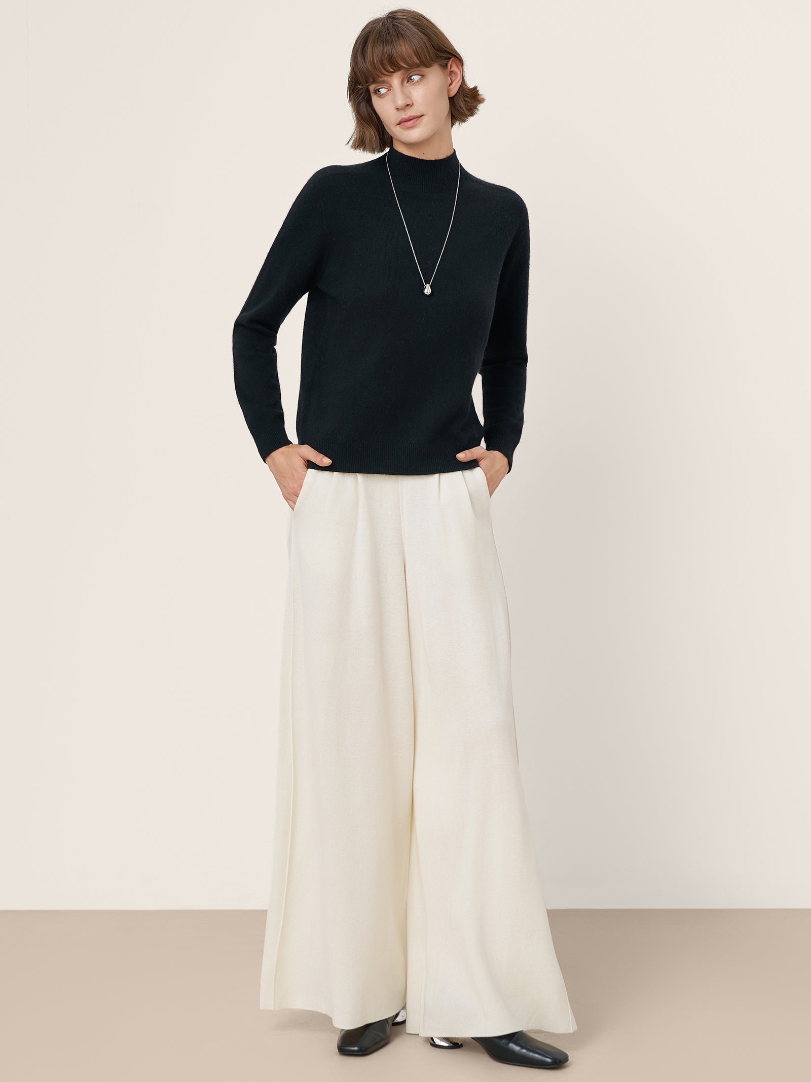 Premium Cashmere Blend Hand-Finished Seamless Mock Neck Ribbed Sweater RHEA