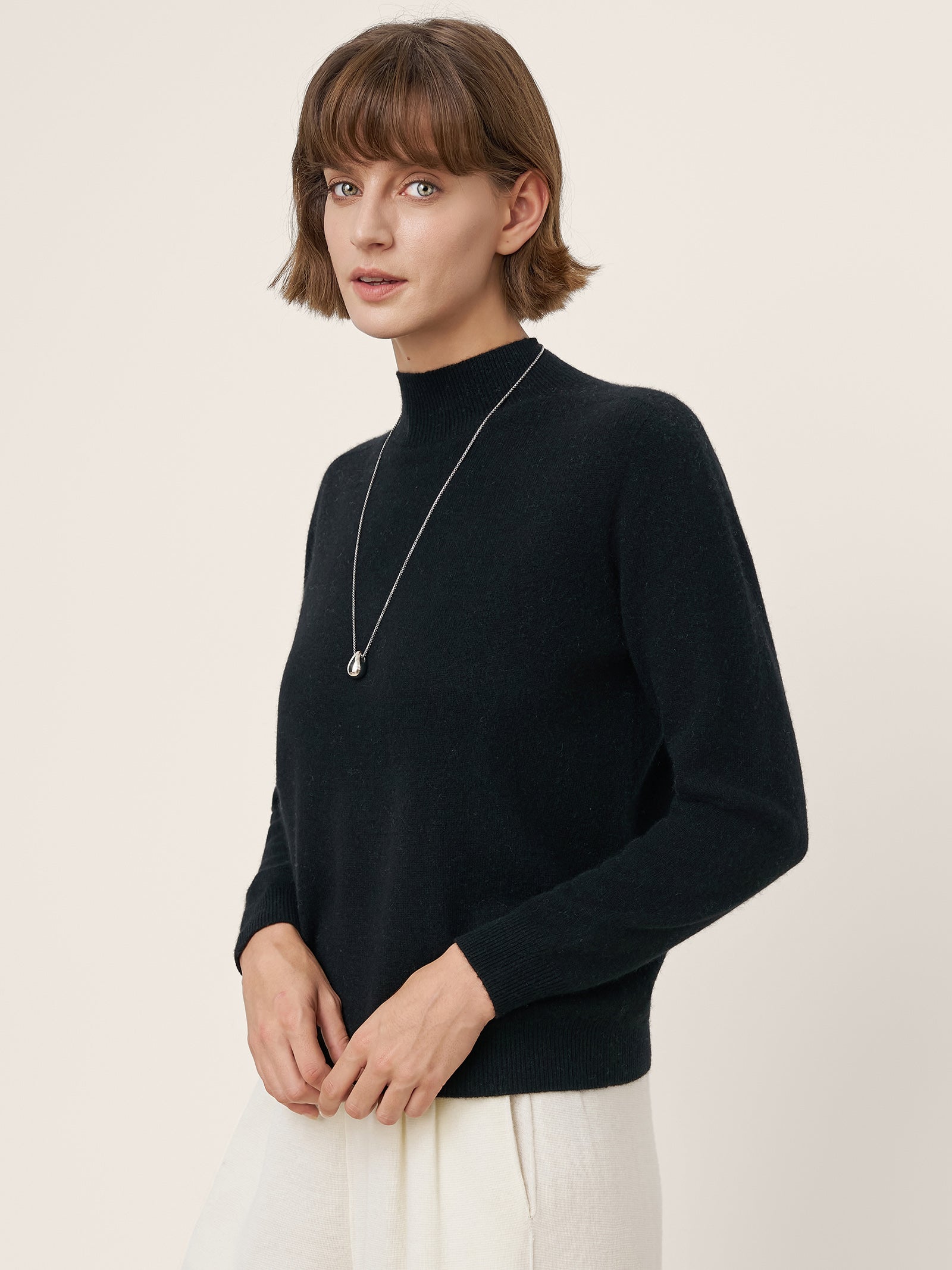 Premium Cashmere Blend Hand-Finished Seamless Mock Neck Ribbed Sweater RHEA