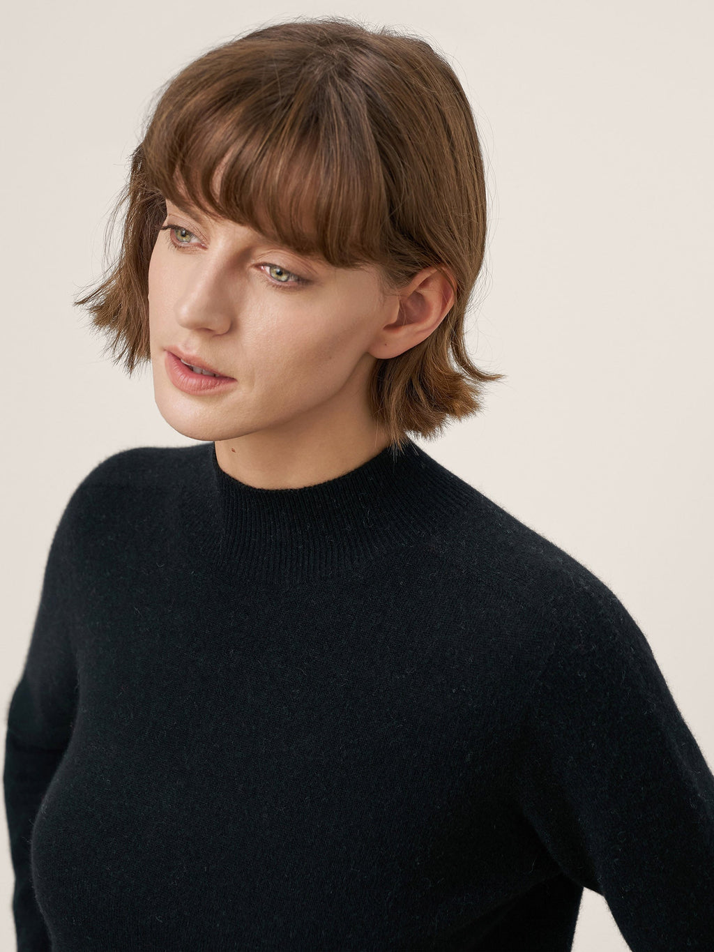 Premium Cashmere Blend Hand-Finished Seamless Mock Neck Ribbed Sweater RHEA