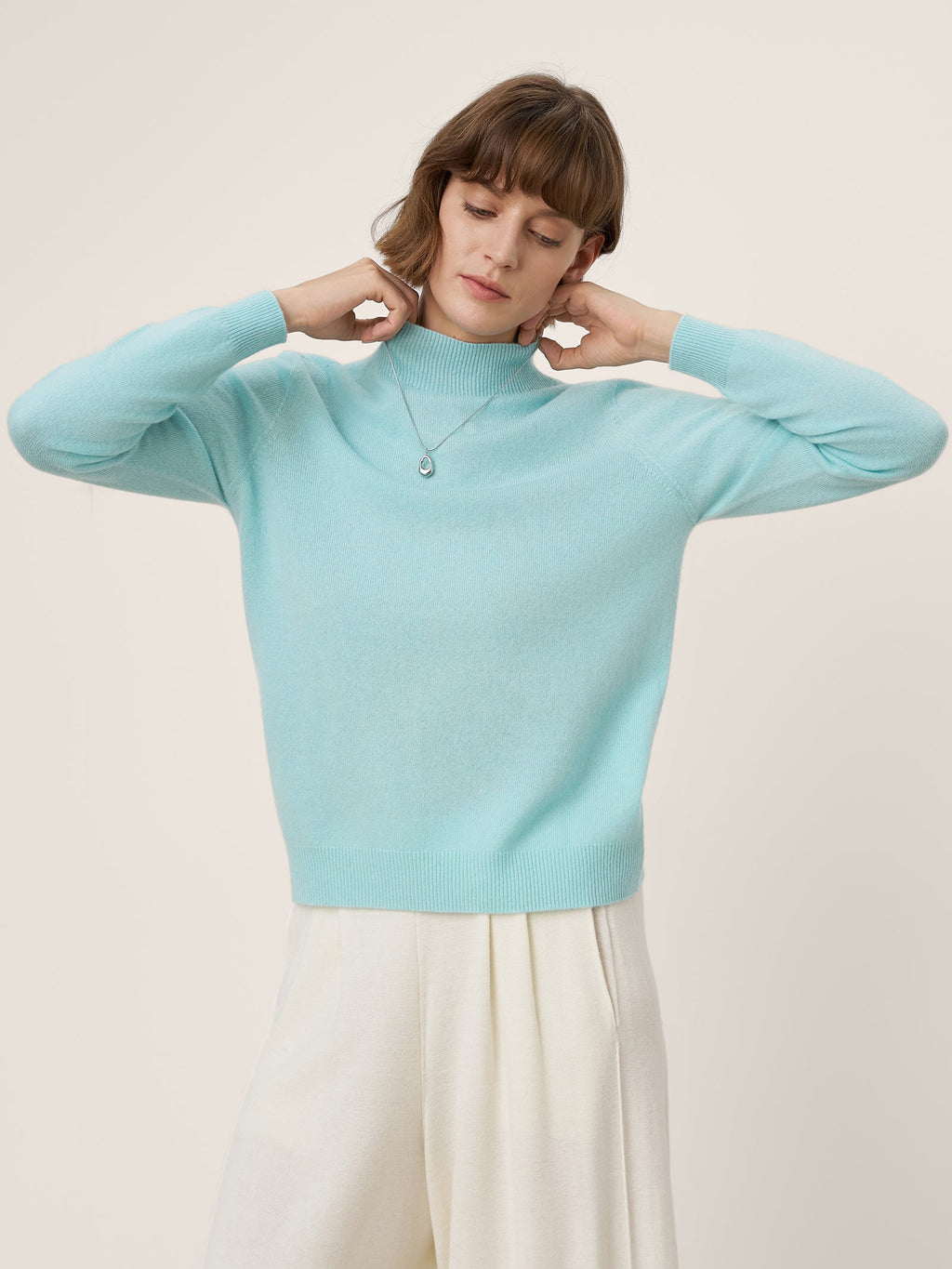 Premium Cashmere Blend Hand-Finished Seamless Mock Neck Ribbed Sweater RHEA