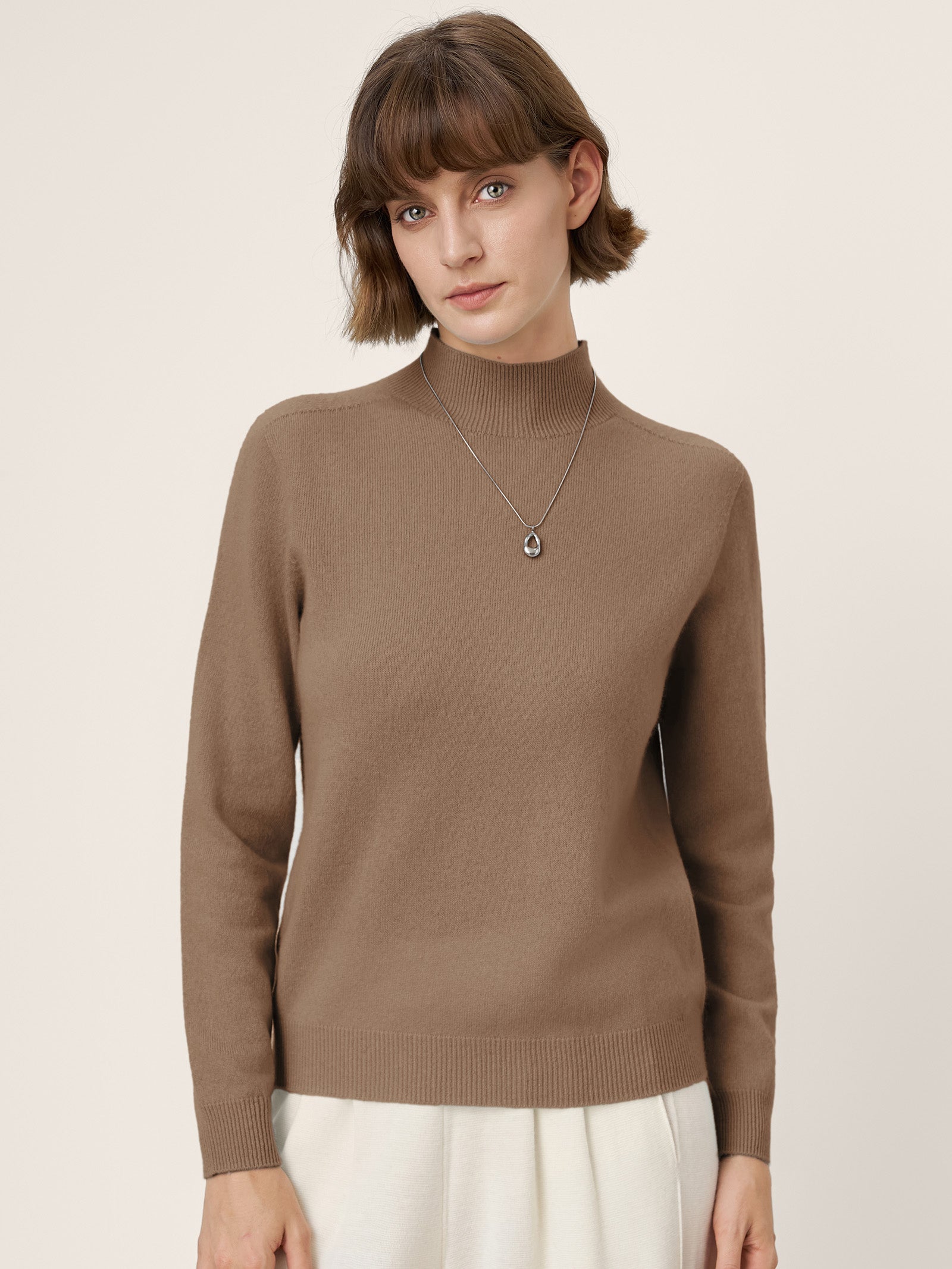 Premium Cashmere Blend Hand-Finished Seamless Mock Neck Ribbed Sweater RHEA