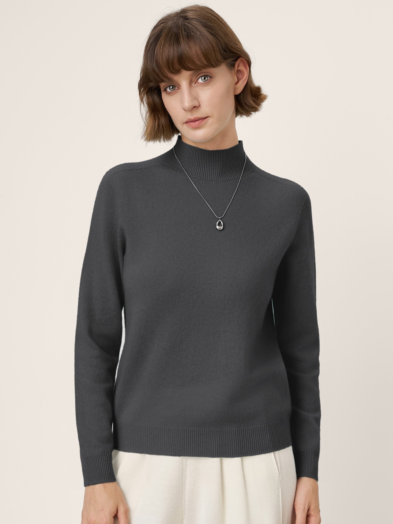 Premium Cashmere Blend Hand-Finished Seamless Mock Neck Ribbed Sweater RHEA