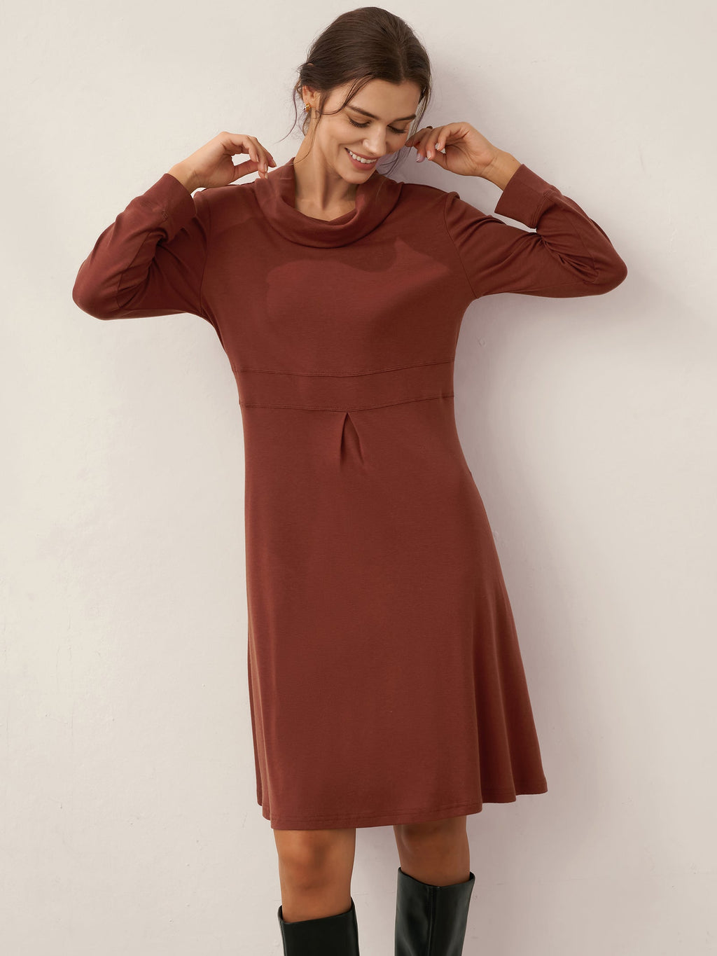 Lyocell Wool Draped Neck Stretch Midi Dress KIRA
